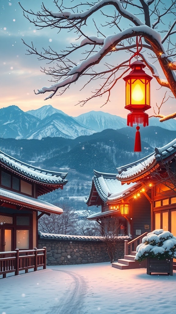 Korean winter landscape wallpaper with snow-covered mountains, traditional houses, and Christmas decorations.